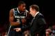 NEW YORK, NY - MARCH 28: Head coach Tom Izzo of the Michigan State Spartans talks with Branden Dawson #22 against the Virginia Cavaliers during the regional semifinal of the 2014 NCAA Men's Basketball Tournament at Madison Square Garden on March 28, 2014 in New York City. (Photo by Elsa/Getty Images)