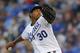 Kansas City Royals starting pitcher Yordano Ventura delivers to a Cleveland Indians batter during the first inning of a baseball game at Kauffman Stadium in Kansas City, Mo., Tuesday, Sept. 17, 2013. (AP Photo/Orlin Wagner)