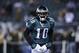 Philadelphia Eagles' DeSean Jackson is is seen during an NFL wild-card playoff football game against the New Orleans Saints, Saturday, Jan. 4, 2014, in Philadelphia. (AP Photo/Michael Perez)