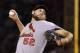 St. Louis Cardinals starting pitcher Michael Wacha throws during the first inning of Game 2 of baseball's World Series against the Boston Red Sox Thursday, Oct. 24, 2013, in Boston. (AP Photo/Matt Slocum)