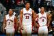 ATLANTA, GA - NOVEMBER 01: Rudy Gay #22, Kyle Lowry #7 and DeMar DeRozan #10 of the Toronto Raptors react in the final seconds of their 102-95 loss to the Atlanta Hawks at Philips Arena on November 1, 2013 in Atlanta, Georgia. NOTE TO USER: User expressly acknowledges and agrees that, by downloading and or using this photograph, User is consenting to the terms and conditions of the Getty Images License Agreement. (Photo by Kevin C. Cox/Getty Images)