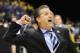 Mar 30, 2014; Indianapolis, IN, USA; Kentucky Wildcats head coach John Calipari pumps his fist after defeating the Michigan Wolverines in the finals of the midwest regional of the 2014 NCAA Mens Basketball Championship tournament at Lucas Oil Stadium. Mandatory Credit: Thomas J. Russo-USA TODAY Sports