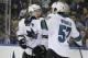 San Jose Sharks' Logan Couture, left, celebrates with teammate Tommy Wingels (57) during the first period of an NHL hockey game against the New York Rangers, Sunday, March 16, 2014, in New York. (AP Photo/Frank Franklin II)
