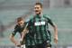 Sassuolo's Antonio Floro Flores, right, celebrates after scoring a goal during a Serie A soccer match against Bologna, at Reggio Emilia's Mapei stadium, Italy, Sunday, Oct. 20, 2013. (AP Photo/Marco Vasini)
