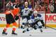 PHILADELPHIA, PA - MARCH 22: T.J. Oshie #74 of the St. Louis Blues looks to block a shot by Wayne Simmonds #17 of the Philadelphia Flyers at the Wells Fargo Center on March 22, 2014 in Philadelphia, Pennsylvania. The Flyers won 4-1. (Photo by Drew Hallowell/Getty Images)