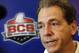Alabama head coach Nick Saban talks to reporters after practice for the Jan. 2 Sugar Bowl NCAA college football game against Oklahoma, in New Orleans on Saturday, Dec. 28, 2013. (AP Photo/Gerald Herbert)