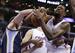 Los Angeles Clippers center DeAndre Jordan, right, and Memphis Grizzlies center Kosta Koufos battle for a loose ball during the first half of an NBA basketball game in Los Angeles, Monday, Nov. 18, 2013. (AP Photo/Chris Carlson)