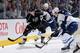 LOS ANGELES, CA - MARCH 29: Tyler Toffoli #73 of the Los Angeles Kings skates with the puck against Keaton Ellerby #7 and Paul Postma #4 of the Winnipeg Jets at Staples Center on March 29, 2014 in Los Angeles, California. (Photo by Noah Graham/NHLI via Getty Images)