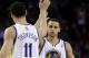 Golden State Warriors' Stephen Curry, right, is congratulated by Klay Thompson after Curry scored against the New York Knicks during the second half of an NBA basketball game Monday, March 11, 2013, in Oakland, Calif. (AP Photo/Ben Margot)