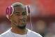 Philadelphia Eagles wide receiver DeSean Jackson looks across the field with pink headphones before a NFL football game against the Washington Redskins in Landover, Md., Sunday, Oct. 16, 2011. (AP Photo/Evan Vucci)