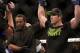 Chael Sonnen, right, is declared the victor after his match against Mauricio 'Shogun' Rua, of Brazil, in their UFC on Fox Sports 1 mixed martial arts light heavyweight bout in Boston, Saturday, Aug. 17,2013. Sonnen won via first-round tapout via guillotine choke. (AP Photo/Gregory Payan)