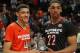 CHICAGO, IL - APRIL 2: Justin Jackson #44 of the East team and Jahlil Okafor #22 of the West team share the MVP torphy after the 2014 McDonald's All American Game at United Center on April 2, 2014 in Chicago, Illinois. The West defeated the East 105-102. (Photo by Jonathan Daniel/Getty Images)