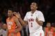 SMU's Sterling Brown (3) and Clemson's Damarcus Harrison (21)react during the second half of an NCAA college basketball game in the semifinals of the NIT Tuesday, April 1, 2014, in New York. SMU won the game 65-59. (AP Photo/Frank Franklin II)