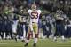 San Francisco 49ers' NaVorro Bowman reacts to play against the Seattle Seahawks during the first half of the NFL football NFC Championship game Sunday, Jan. 19, 2014, in Seattle. (AP Photo/Marcio Jose Sanchez)