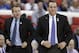 Duke head coach Mike Krzyzewski speaks to players against Mercer during the first half of an NCAA college basketball second-round game, Friday, March 21, 2014, in Raleigh, N.C. (AP Photo/Chuck Burton)