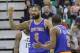 New York Knicks' Tyson Chandler (6) celebrates with teammate New York Knicks' Raymond Felton (2) after scoring against the Utah Jazz in the second half during an NBA basketball game Monday, March 31, 2014, in Salt Lake City. (AP Photo/Rick Bowmer)