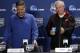 Wisconsin head coach Bo Ryan, right, and Kentucky head coach John Calipari arrive for a joint news conference for their NCAA Final Four tournament college basketball semifinal game Thursday, April 3, 2014, in Dallas. Wisconsin plays Kentucky on Saturday, April 5, 2014. (AP Photo/David J. Phillip)