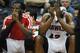 Atlanta Hawks' Elton Brand (42) and DeMarre Carroll sit on the bench as time runs out in the second half of their NBA basketball game against the Portland Trail Blazers Thursday, March 27, 2014, in Atlanta. Portland won 100-85. (AP Photo/David Tulis)
