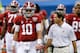 NEW ORLEANS, LA - JANUARY 02: AJ McCarron #10 of the Alabama Crimson Tide talks with head coach Nick Saban during a time out against the Oklahoma Sooners during the Allstate Sugar Bowl at the Mercedes-Benz Superdome on January 2, 2014 in New Orleans, Louisiana. (Photo by Kevin C. Cox/Getty Images)