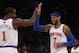 New York Knicks' Carmelo Anthony (7) celebrates with teammate Amar'e Stoudemire (1) after hitting a 3-point shot against the Dallas Mavericks during the second half of an NBA basketball game Monday, Feb. 24, 2014, in New York. Dallas won 110-108. (AP Photo/Jason DeCrow)