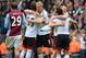BIRMINGHAM, ENGLAND - APRIL 05: Fernando Amorebieta, Brede Hangeland, John Arne Riise and Kieran Richardson of Fulham celebrate at the end of the match during the Barclays Premier League match between Aston Villa and Fulham at Villa Park on April 5, 2014 in Birmingham, England. (Photo by Ross Kinnaird/Getty Images)