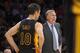 Los Angeles Lakers head coach Mike D'Antoni, right, yells at referees as guard Steve Nash looks on during the second half of an NBA basketball game against the Washington Wizards, Friday, March 21, 2014, in Los Angeles. The Wizards won 117-107. (AP Photo/Mark J. Terrill)