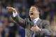 Kentucky head coach John Calipari reacts during the first half of an NCAA Final Four tournament college basketball semifinal game against Wisconsin Saturday, April 5, 2014, in Arlington, Texas. (AP Photo/Eric Gay)