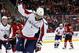 Washington Capitals right wing Alex Ovechkin, of Russia, celebrates after scoring a goal against the New Jersey Devils during the first period of an NHL hockey game, Friday, April 4, 2014, in Newark, N.J. (AP Photo/Julio Cortez)
