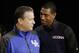 Connecticut head coach Kevin Ollie and Kentucky head coach John Calipari talk during a television interview for the NCAA Final Four tournament college basketball championship game Sunday, April 6, 2014, in Arlington, Texas. Connecticut plays Kentucky in the championship game on Monday, April 7. 2014. (AP Photo/David J. Phillip)