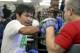 Manny Pacquiao is shown training with coach Freddie Roach Wednesday April 2, 2014 at the Wild Card Boxing Club in Los Angeles. Pacquiao is scheduled to fight Timothy Bradley April 12 in a WBO Welterweight title bout. (AP Photo/Nick Ut)