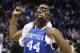 Kentucky center Dakari Johnson (44) celebrates after a third-round game against Wichita State at the NCAA college basketball tournament Sunday, March 23, 2014, in St. Louis. Kentucky won 78-76. (AP Photo/Charlie Riedel)