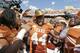 Texas defensive end Jackson Jeffcoat (44) celebrates with teammates after an NCAA college football game at the Cotton Bowl Saturday, Oct. 12, 2013, in Dallas. (AP Photo/LM Otero)