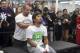 Manny Pacquiao receives a brief massage from Steve Fernandez on Wednesday April 2, 2014, in Los Angeles. Pacquiao is scheduled to fight Timothy Bradley April 12 in a WBO welterweight title bout. (AP Photo/Nick Ut)