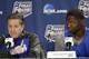 Kentucky head coach John Calipari, left, answers a question as forward Julius Randle looks on during a news conference for the NCAA Final Four tournament college basketball championship game Sunday, April 6, 2014, in Arlington, Texas. Kentucky plays Connecticut in the championship game on Monday, April 7. 2014. (AP Photo/Tony Gutierrez)