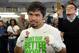Apr 2, 2014; Hollywood, CA, USA; Manny Pacquiao sets a boxing pose before starting his workout at Wild Card Boxing Club. Mandatory Credit: Jayne Kamin-Oncea-USA TODAY Sports