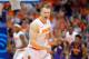Feb 9, 2014; Syracuse, NY, USA; Syracuse Orange guard Trevor Cooney (10) reacts to a made basket against the Clemson Tigers during the second half at the Carrier Dome. Syracuse defeated Clemson 57-44. Mandatory Credit: Rich Barnes-USA TODAY Sports
