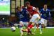 LIVERPOOL, ENGLAND - APRIL 06: Aaron Ramsey of Arsenal competes with Seamus Coleman of Everton during the Barclays Premier League match between Everton and Arsenal at Goodison Park on April 6, 2014 in Liverpool, England. (Photo by Laurence Griffiths/Getty Images)