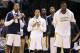 Nov 11, 2013; Indianapolis, IN, USA; Indiana Pacers from left to right forward David West, guard George Hill, guard Lance Stephenson, forward Paul George, and center Roy Hibbert watch the Pacers extend their winning streak to 8-0 against the Memphis Grizzlies at Bankers Life Fieldhouse. Indiana defeats Memphis 95-79. Mandatory Credit: Brian Spurlock-USA TODAY Sports