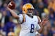 BATON ROUGE, LA - NOVEMBER 29: Quarterback Zach Mettenberger #8 of the LSU Tigers throws a a pass against the Arkansas Razorbacks at Tiger Stadium on November 29, 2013 in Baton Rouge, Louisiana. (Photo by Chris Graythen/Getty Images)