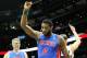 Detroit Pistons center Andre Drummond (0) reacts after being fouled in the first period in an NBA basketball game against the Atlanta Hawks in Atlanta, Tuesday, April 8, 2014. The Pistons won the game 102-95 (AP Photo/Todd Kirkland)