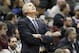 Los Angeles Lakers head coach Mike D'Antoni reacts to a call during the first quarter of an NBA basketball game against the Minnesota Timberwolves in Minneapolis, Friday, March 28, 2014. (AP Photo/Ann Heisenfelt)