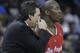 Los Angeles Clippers head coach Vinny Del Negro speaks to Los Angeles Clippers' Jamal Crawford during the first half of Game 3 in a first-round NBA basketball playoff series against the Los Angeles Clippers, in Memphis, Tenn., Thursday, April 25, 2013. (AP Photo/Danny Johnston)
