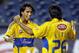 Tigres UANL's Lucas Lobos, left, celebrates with Jose Francisco Fonseca (26) after Fonseca's goal against Santos Laguna in the first half of a SuperLiga semifinal soccer match in Foxborough, Mass., Wednesday, July 15, 2009. (AP Photo/Elise Amendola)