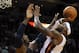 Apr 11, 2014; Miami, FL, USA; Miami Heat forward LeBron James (6) is pressured by Indiana Pacers center Roy Hibbert (55) during the first half at American Airlines Arena. Mandatory Credit: Steve Mitchell-USA TODAY Sports