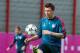 Munich's Mario Mandzukic plays the ball during a practice session in Munich Monday March 31, 2014. Bayern Munich players prepare for the upcoming first leg quarterfinal Champions League soccer match against Manchester United on Tuesday. (AP Photo/dpa, Peter Kneffel)