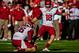 November 10, 2012; Columbia, SC, USA; Arkansas Razorbacks kicker Zach Hocker (18) kicks a field goal as quarterback Brian Buehner (16) holds in the second half against the South Carolina Gamecocks at Williams-Brice Stadium. Mandatory Credit: Jeff Blake-USA TODAY Sports