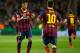 Barcelona's Neymar, left, celebrates with teammate Lionel Messi after scoring his side's first goal during a first leg quarterfinal Champions League soccer match between Barcelona and Atletico Madrid at the Camp Nou stadium in Barcelona, Spain, Tuesday April 1, 2014. (AP Photo/Emilio Morenatti)