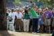 Apr 11, 2014; Augusta, GA, USA; Gary Woodland hits back onto the 17th hole after an errant shot into a walk way during the second round of the 2014 The Masters golf tournament at Augusta National Golf Club. Mandatory Credit: Jack Gruber-USA TODAY Sports