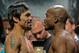 Apr 11, 2014; Las Vegas, NV, USA; Manny Pacquiao and Timothy Bradley Jr. face off at the weigh in for their rematch for the WBO welterweight title on Saturday, April 12 at MGM Grand Garden Arena. Mandatory Credit: Jayne Kamin-Oncea-USA TODAY Sports