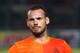 Wesley Sneijder of the Netherlands listens to the national anthems before his friendly soccer match against Indonesia at Gelora Bung Karno stadium in Jakarta, Indonesia, Friday, June 7, 2013. (AP Photo/Dita Alangkara)